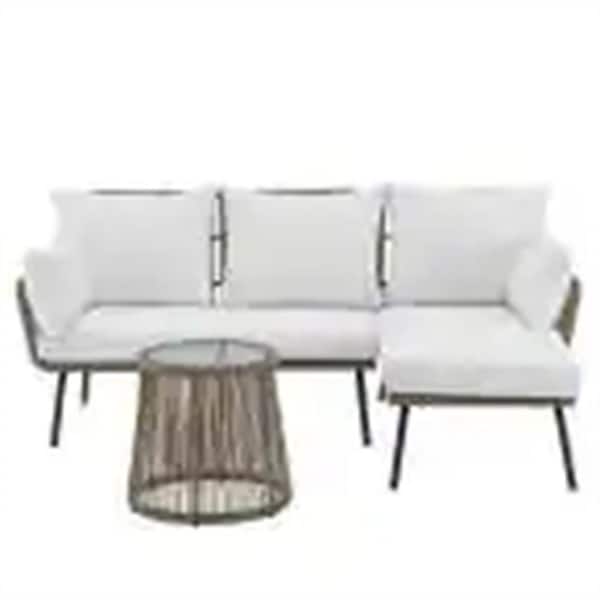 Tunearary 3-Piece L-Shaped Wicker Rattan Outdoor Patio Furniture Set with Beige Cushions and Table