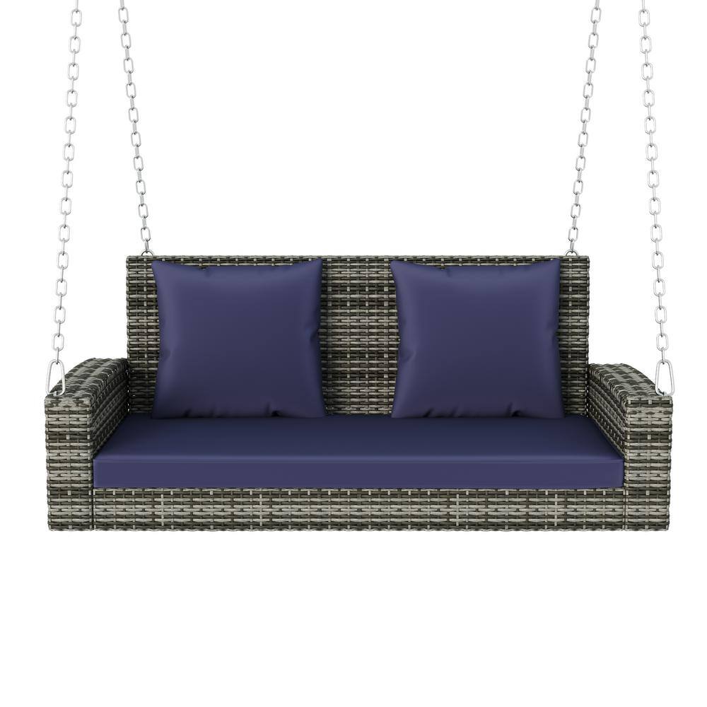 Harper & Bright Designs 2Person Gray Wicker Porch Swing with Blue Cushions, Chains and Pillows
