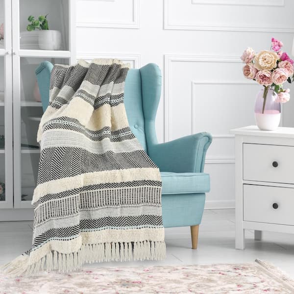 Unbranded Gemma Variety Striped Navy Blue/Cream All Natural Cotton Throw Blanket with Fringe
