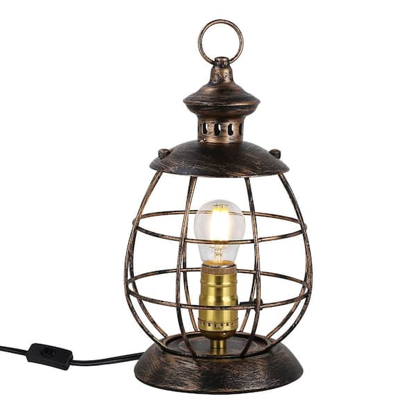 SUNLLOK Industrial 11 in. Brass Contemporary LED Table Lamp, Reading Bedside Desk Lamp for Living Room with Cage Shade, Switch