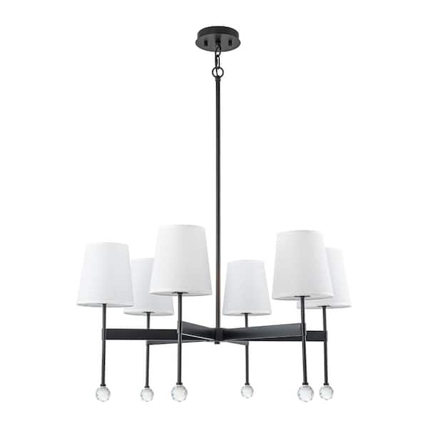 6-Light Farmhouse Chandelier with Fabric Shades and Crystal Accents, Black Candle Pendant Light for Dining Room