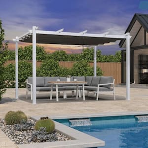 10 ft. x 12 ft. Grey Aluminum Outdoor Retractable Pergola with Sun Shade Canopy Cover White Patio Shelter