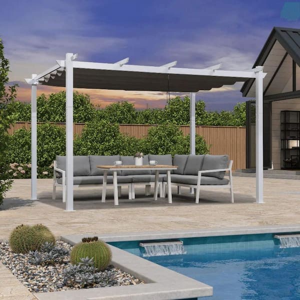PURPLE LEAF 10 ft. x 12 ft. Grey Aluminum Outdoor Retractable Pergola with Sun Shade Canopy Cover White Patio Shelter