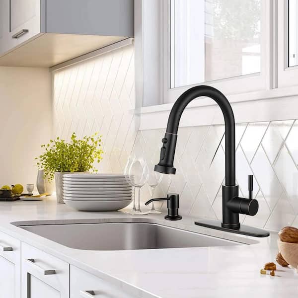 Single Handle Pull-Down Sprayer Kitchen Faucet Set Stainless Steel with Soap Dispenser in Oil Rubbed Bronze