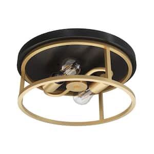 13.77 in. 2-Light Farmhouse Black and Gold Flush Mount Ceiling Lighting Fixtures