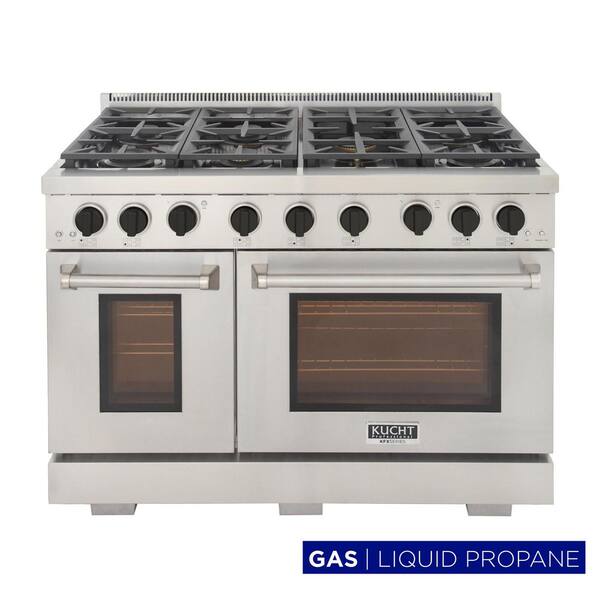 Pro-Style 48 in. 6.7 cu. ft. Double Oven Gas Range LP Ready with 25K Power Burner in Stainless Steel and Black Knobs