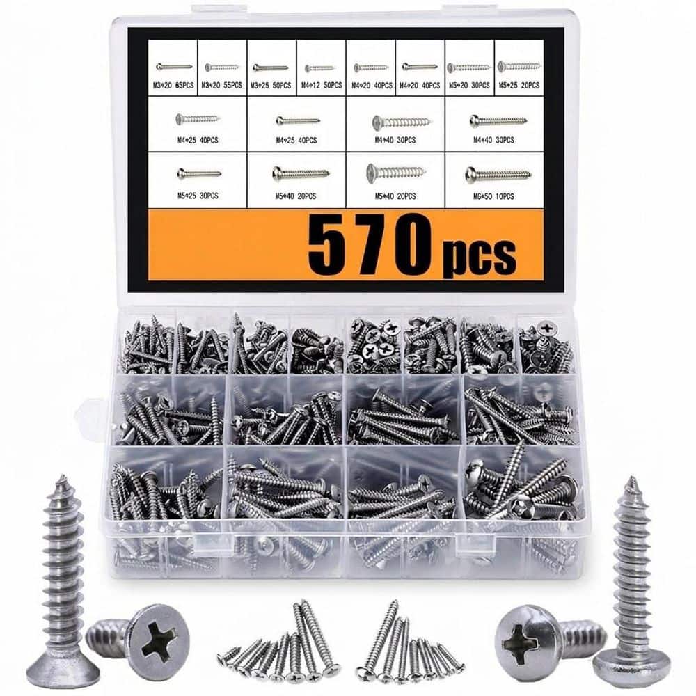 570pcs Self Tapping Screws Assortment Kit M3 M4 M5 M6 304 Stainless Steel for Metal Wood Plastic Flat Round Head price history on PriceWatchPro