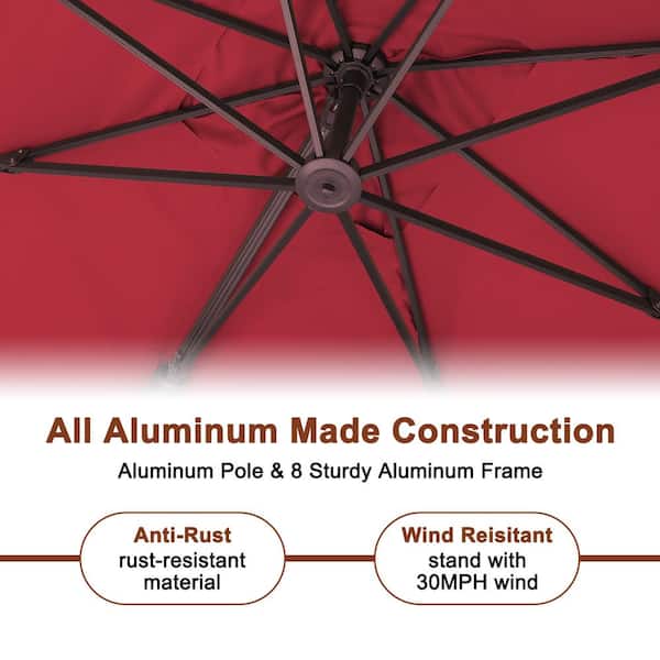 10 ft. x 13 ft. Aluminum Cantilever Outdoor Tilt Patio Umbrella in Red with LED Light, Base Weight Stand