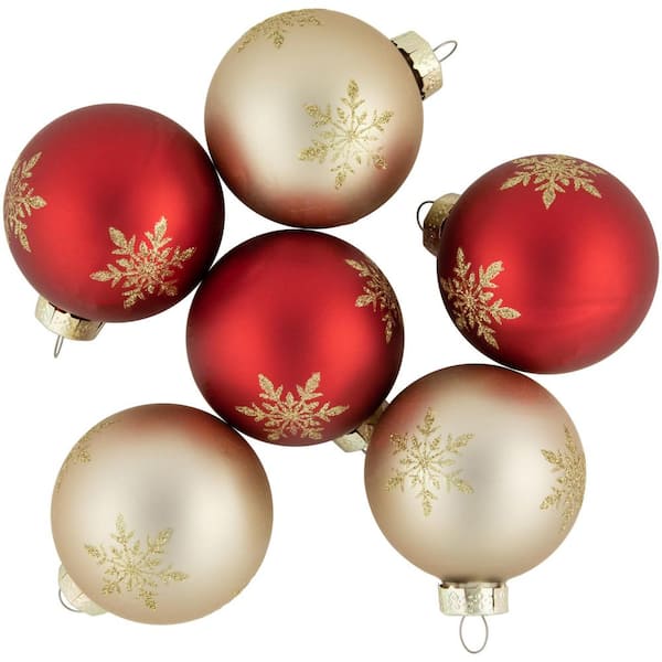 6ct Red and Gold Snowflake Glass Ball Christmas Ornaments 2.5 in.