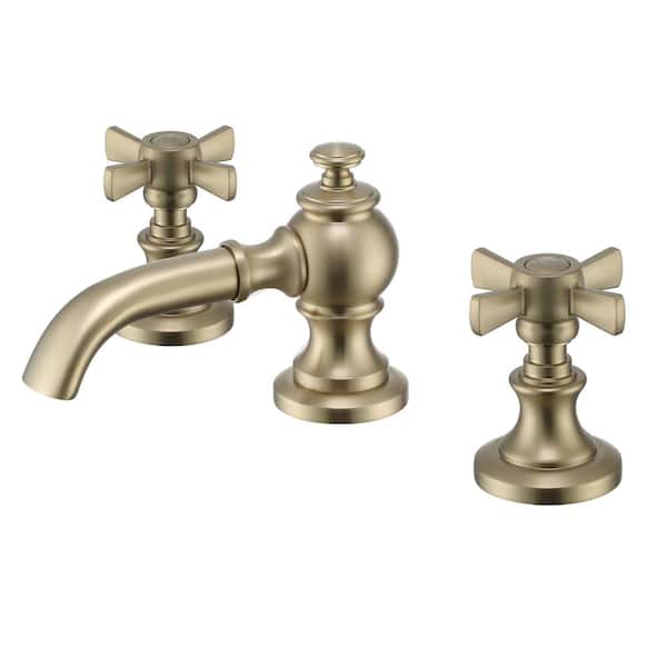 Mondawe Vintage Cross 8 in. Widespread 2-Handle Bathroom Faucet in Brushed Gold