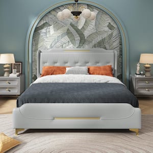 Salas Queen Size Modern Upholstered PU Leather Platform Bedframe with Gold Metal Accents and Wingback Headboard, Grey