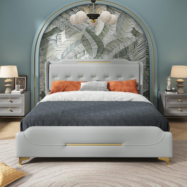 Salas Queen Size Modern Upholstered PU Leather Platform Bedframe with Gold Metal Accents and Wingback Headboard, Grey