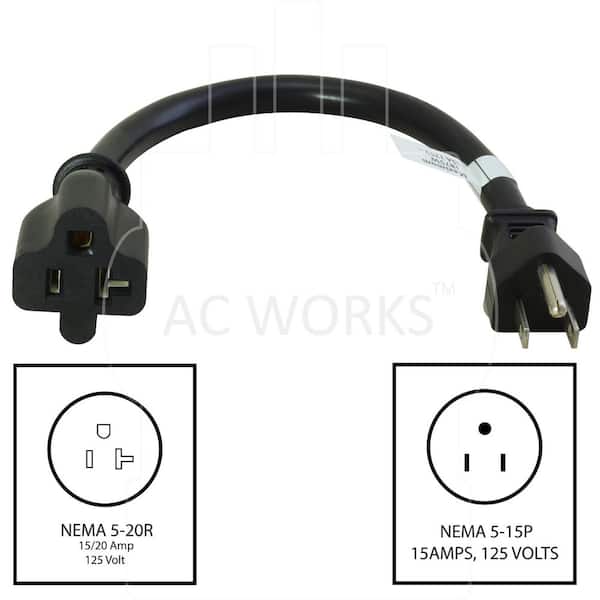 AC WORKS 15A to 20A 1 ft. 14 / 3 SJTW Indoor/Outdoor Adapter Cord