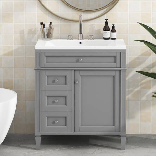30 in. Multifunctional Freestanding Bathroom Vanity Gray Storage Cabinet with White Top Sink,2-Drawers,Tip-out Drawer