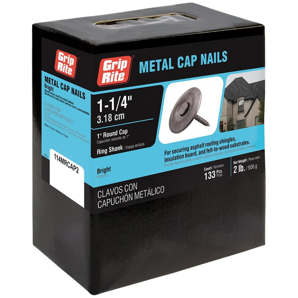 #12 x 1-1/4 in. Electrogalvanized Ring Shank Metal Round Cap Roofing Nails 2 lb. Box -  Grip-Rite, 114MRCAP2