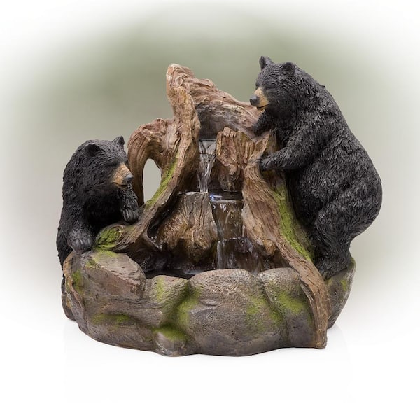 Alpine Corporation 24 in. Tall Outdoor 2 Bears Climbing on Rainforest Water Fountain with LED Lights