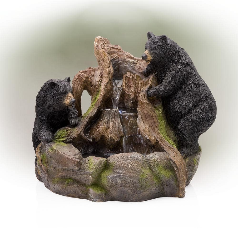 24 in. Tall Outdoor 2 Bears Climbing on Rainforest Water Fountain with LED 