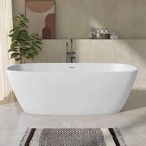 67 in. x 33 in. Solid Surface Tub Stone Resin Flatbottom Freestanding Soaking Bathtub With Center Drain in Matte White