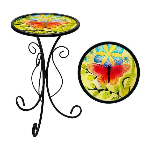 Everyday 12 in. Round Glass Butterfly Pattern Outdoor Side Table