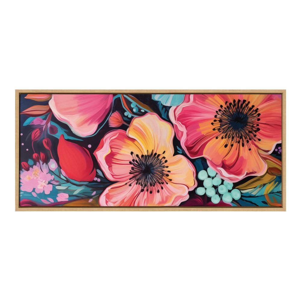 Colorful Floral Group Framed Canvas Wall Art, 18" x 40", Natural Wood Frame