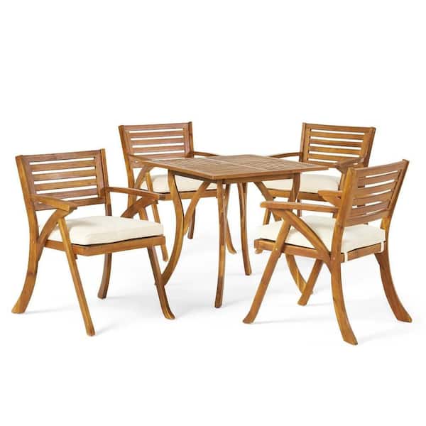 5-Piece Acacia Wood Outdoor Dining Set with Cream White Cushions