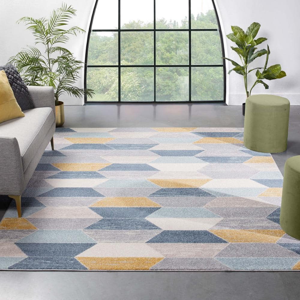 Mystic Blue Geometric Stain-Resistant Area Rug
