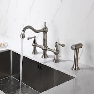 Double Handle Bridge Kitchen Faucet with Pull-Out Side Spray in Brushed Nickel