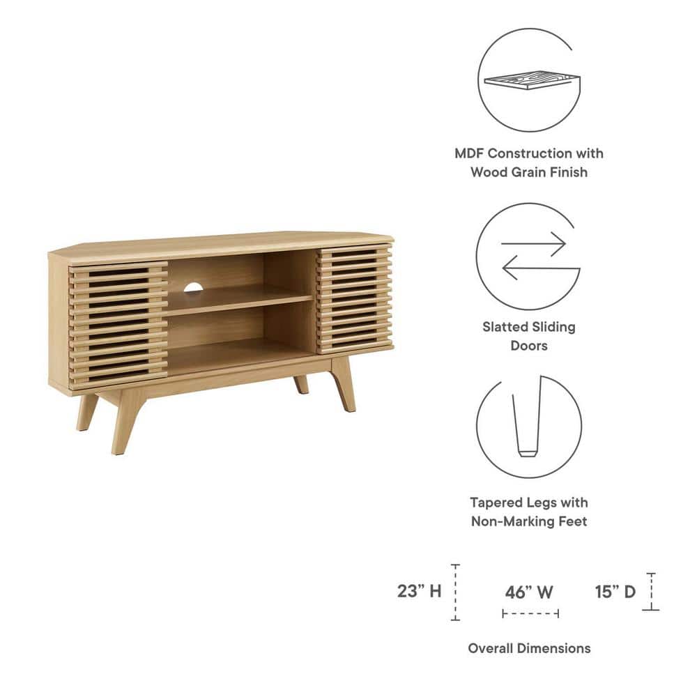 Oak Mid-Century Modern Corner TV Stand with Cabinet
