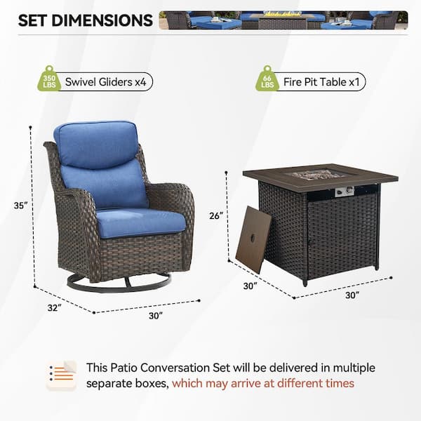 LunaCurve 5-Piece Brown Wicker Fire Pit Conversation Set with 5 in. Blue Cushions and Swivel Glider Rocking Chairs