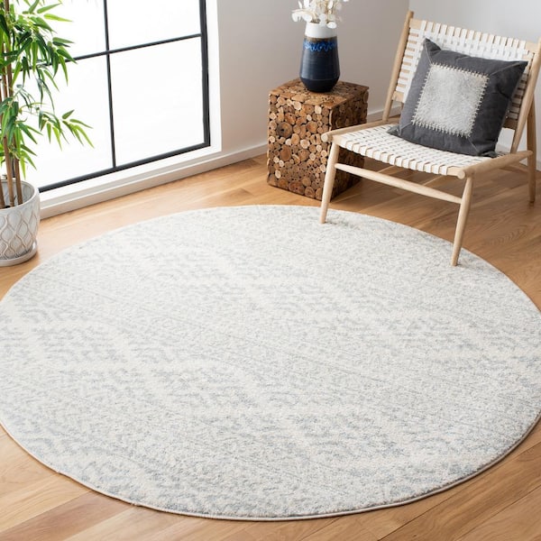 Tulum 10 ft. x 10 ft. Round Ivory/Light Gray Striped Tribal Geometric Area Rug