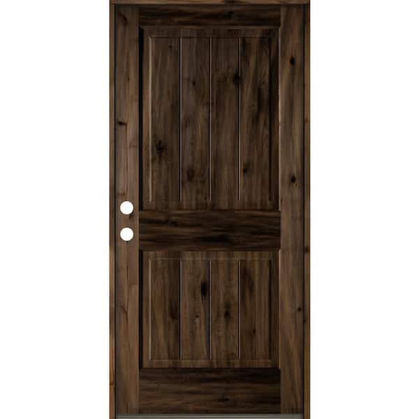 36 in. x 80 in. Rustic Knotty Alder Square Top V-Grooved Right-Hand/Inswing Black Stain Wood Prehung Front Door