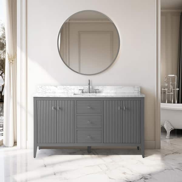 Vanity Art 60 in. W x 22 in D x 38 in. H Single Sink Bath Vanity Cabinet in Linear Gray with Engineered Marble Top