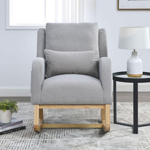 27.5 in. Gray High Back Teddy Fabric Rocking Chair w/ Lumbar Pillow and Side Pockets, Wood Legs for Living Room, Bedroom