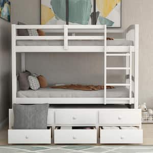 White Twin Over Twin Bunk Bed with Trundle and Three Drawers, Wood Kid Bunk Bed Frame with Safety Rail and Ladder