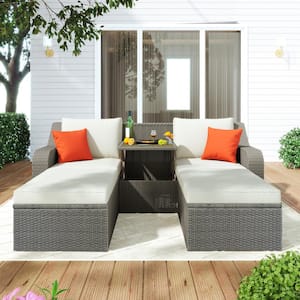 Gray 3-Piece Wicker Outdoor Chaise Lounge Patio Sofa with Beige Cushions, Ottomans and Lift Top Coffee Table