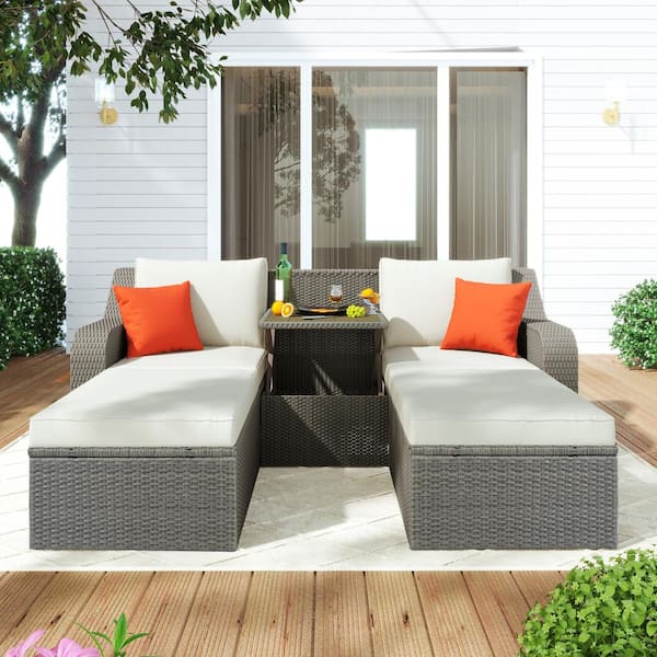 Unbranded Gray 3-Piece Wicker Outdoor Chaise Lounge Patio Sofa with Beige Cushions, Ottomans and Lift Top Coffee Table