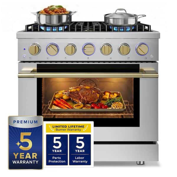 HausPro 36 in. 6-Burners (20,000 BTU) Freestanding Dual Fuel Range in Stainless Steel with Convection Oven Satin Brass
