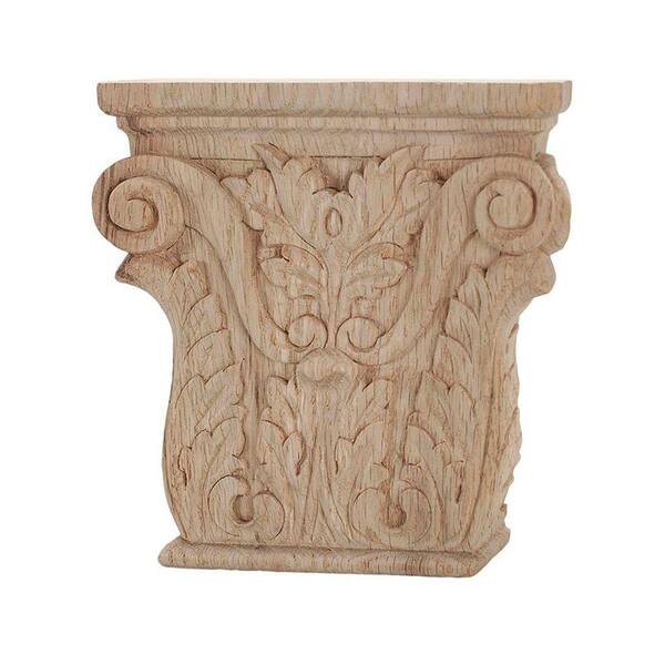 American Pro Decor 6-1/4 in. x 6-1/8 in. x 1-1/4 in. Unfinished Hand Carved American Red Oak Acanthus Wood Onlay Capital Wood Applique