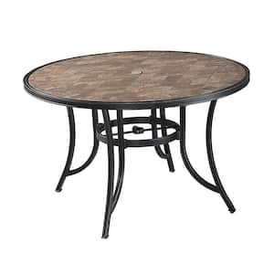 Patio Round Aluminum Outdoor Dining Table Ceramic Tile Top Accent Table with Umbrella Hole