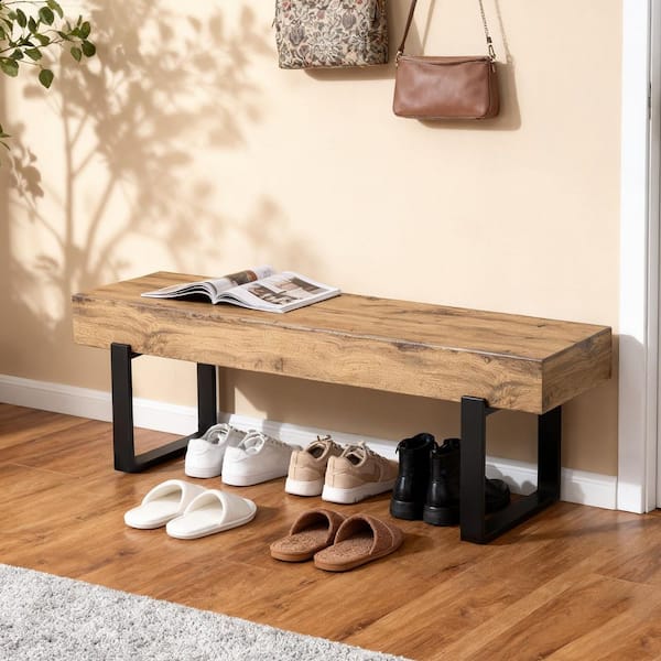 Ianthe Modern Natural Wood Wash 59.06 in. Bedroom Bench with Metal Legs, Entryway Shoe Bench