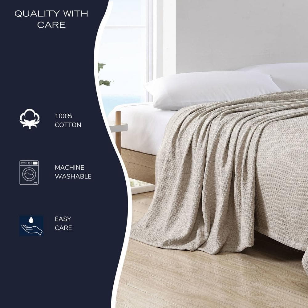 Beige Full Cotton Knitted Reversible Blanket with Textured Accent