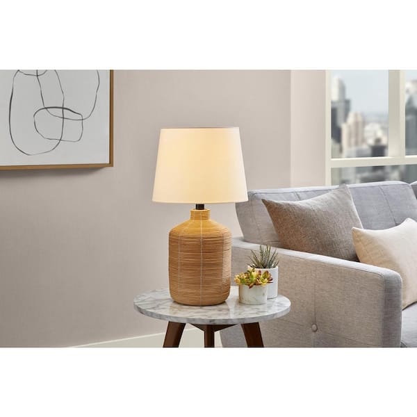 Hampton Bay Carlburg 19.75 in. Natural Rattan 1-Light Table Lamp with Black Accents and White Fabric Shade