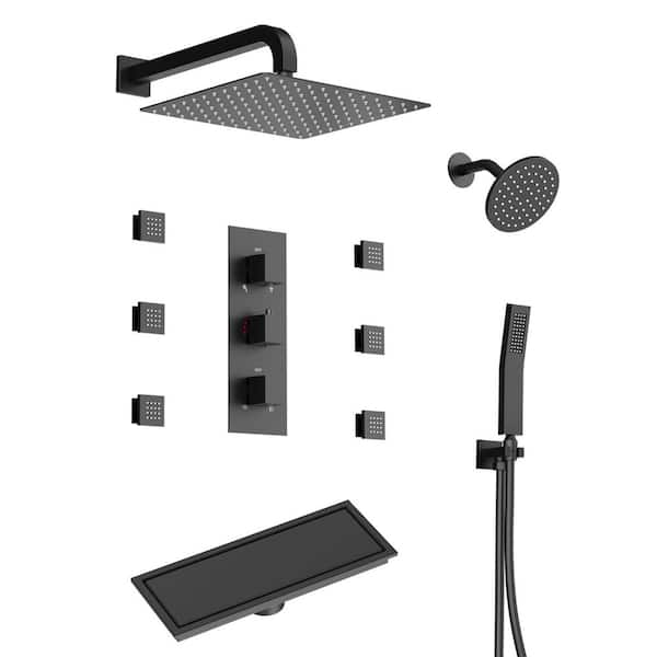 Thermostatic 8-Spray 12 and 6 in. Wall Mount Dual Shower Head with 6-Jets and Shower Drain in Matte Black