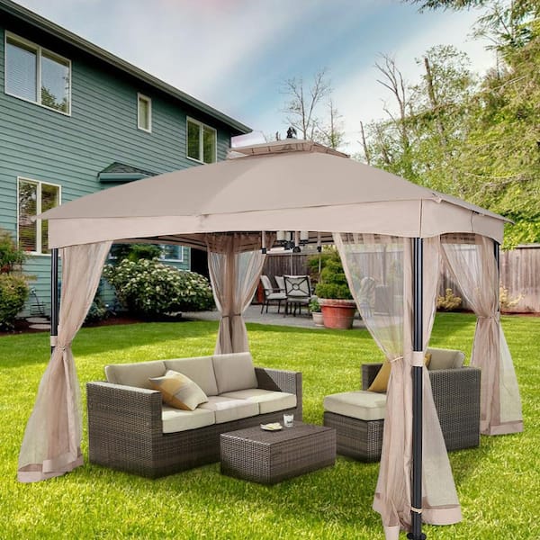 COOS BAY 12 ft. x 10 ft. Beige Outdoor Two-Tier Gazebo with Vented Soft Top Roof, Zippered Mesh Sidewalls, Built-In Ceiling Hook