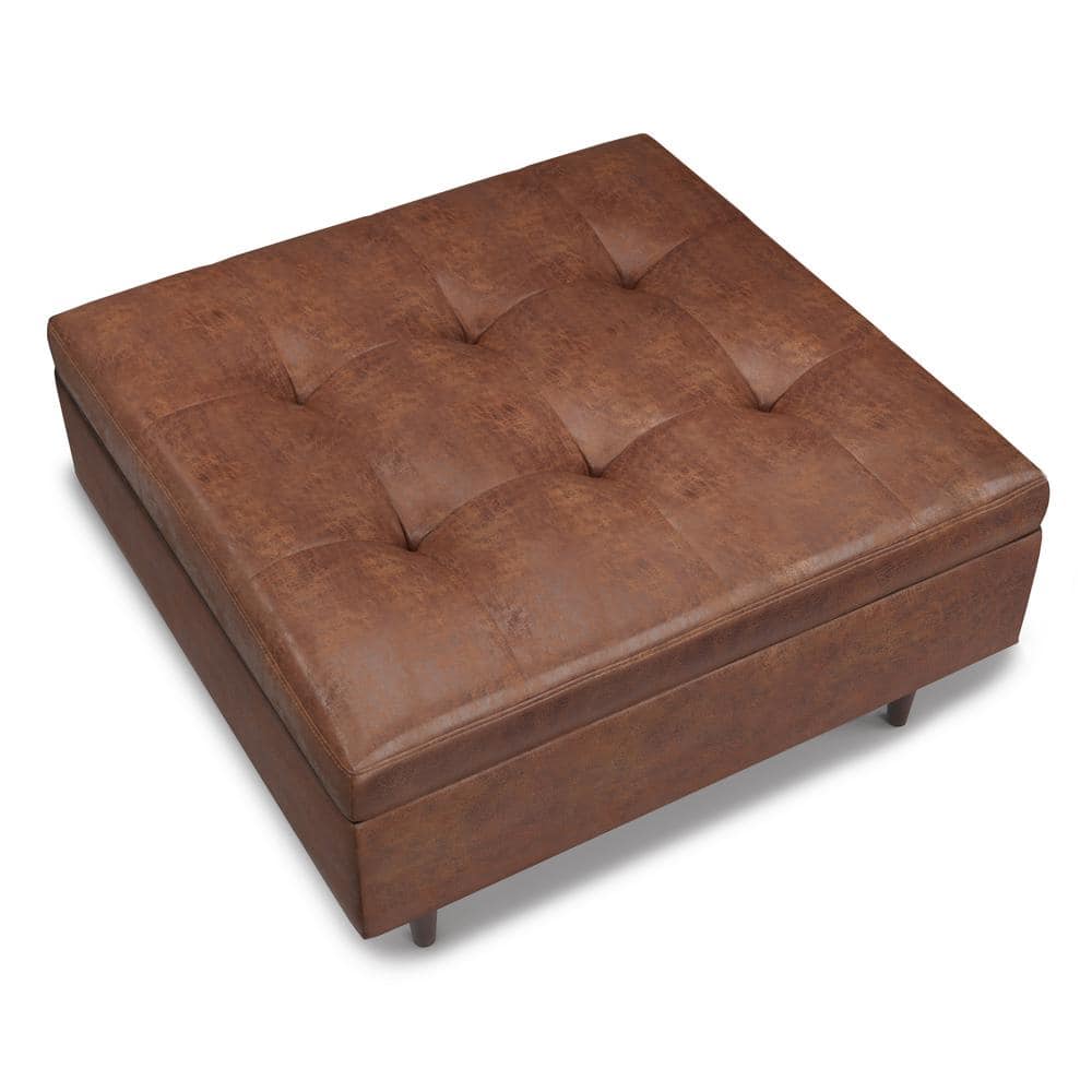 Shay 38" Distressed Saddle Brown Tufted Square Storage Ottoman