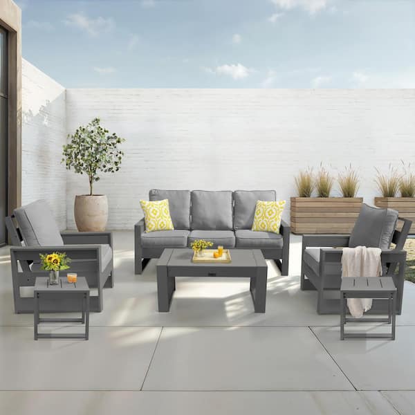 LuXeo Pacifica Gray 6-Piece Plastic Patio Conversation Deep Seating Set with Gray Cushions