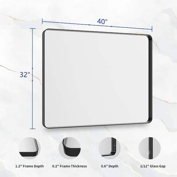 32 in. W x 40 in. H Rectangular Aluminum Alloy Framed Rounded Modern Black Wall Mirror