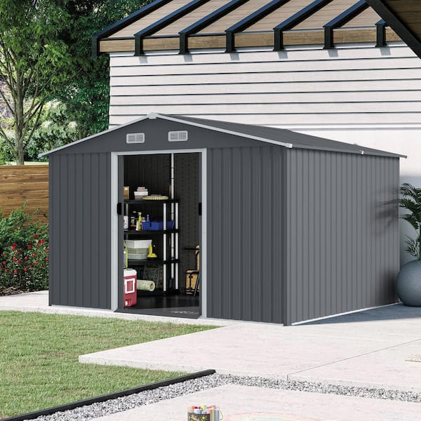 Unbranded 8 ft.W x 10 ft.D Outdoor Metal Garden Shed, Utility Tool House with Sliding Doors, Air Vent, Backyard, Gray(80 sq. ft.)