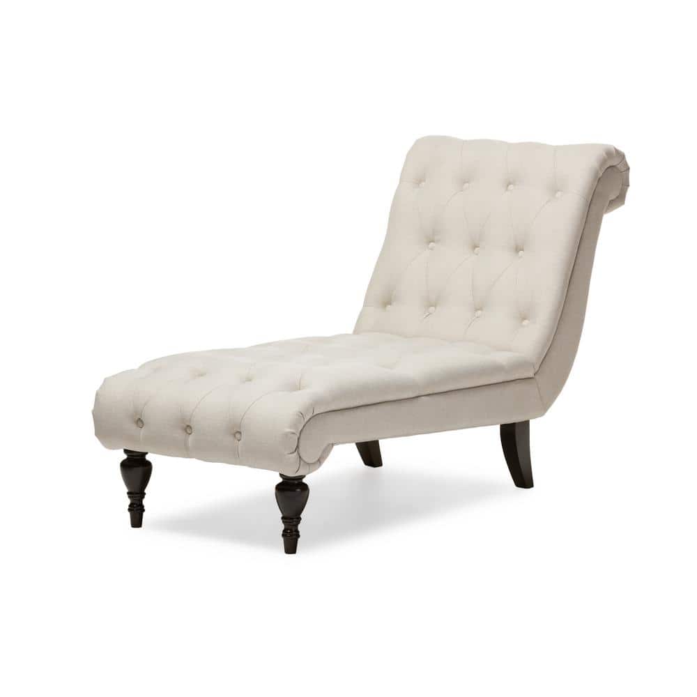 Layla Mid-Century Light Beige Leather & Wood Button-Tufted Chaise Lounge