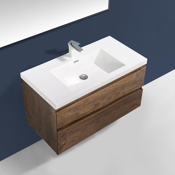 35.44 in.W x 18.9 in.D Wall-Mounted Bath Vanity in Rose Wood with white glossy Resin Top